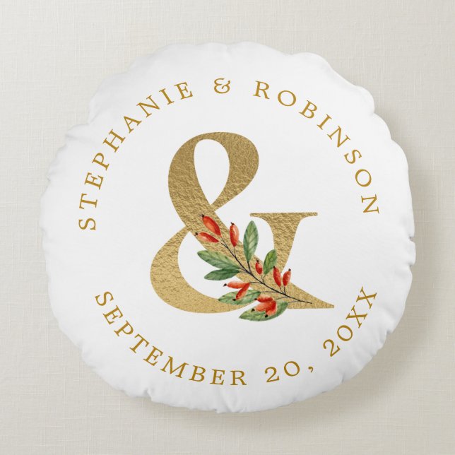 Elegant Guld-skript Bröllop Monogram Rund Kudde (Framsidan)