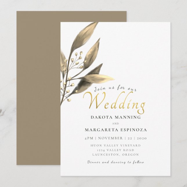 Elegant guld-skript brunt löv bröllop inbjudningar (Fram/baksida)