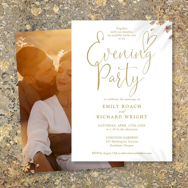 Elegant Guld-skript Foto Bröllop Evening Party Inbjudningar (Elegant Gold Script Photo Wedding Evening Party Invitation)