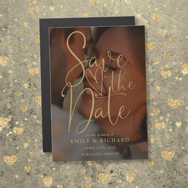 Elegant Guld-skript Foto Bröllop spara datum Magnetisk Inbjudningskort (Elegant Gold Script Photo Wedding Save The Date Magnetic Invitation)