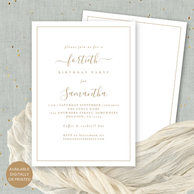 Elegant Guld Skript Gräns 40:e födelsedagen Party Inbjudningar (Front and back view. Available digitally or printed.)