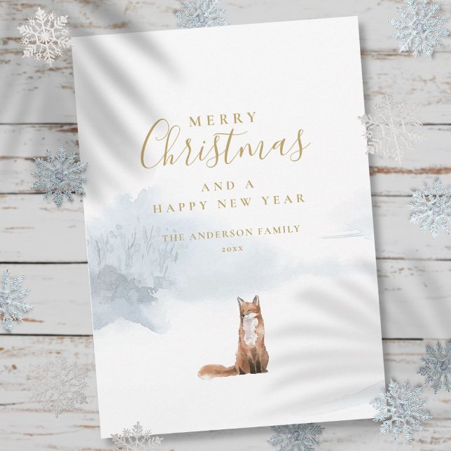 Elegant Guld-skript, julvinter Fox Julkort (Elegant Gold Script Christmas Winter Fox Holiday Card)