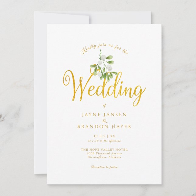 Elegant Guld-skript Mistletoe Winter Wedding Inbjudningar (Framsida)