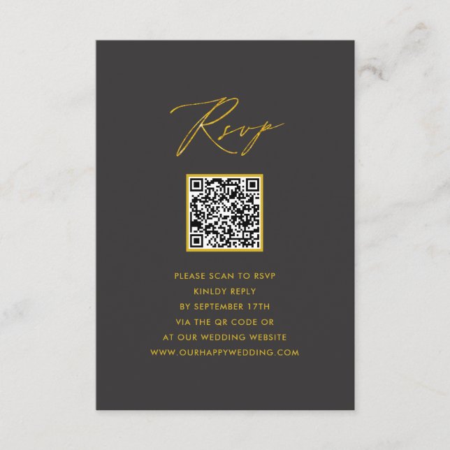 Elegant Guld Skript Modern Grått QR Bröllop OSA Tilläggskort (Framsida)