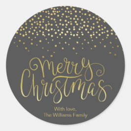 Elegant Guld-skript och konfetti svart jul Runt Klistermärke