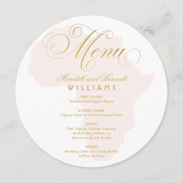 Elegant Guld Skript  Rosa Afrika Bröllop Meny (Framsida)