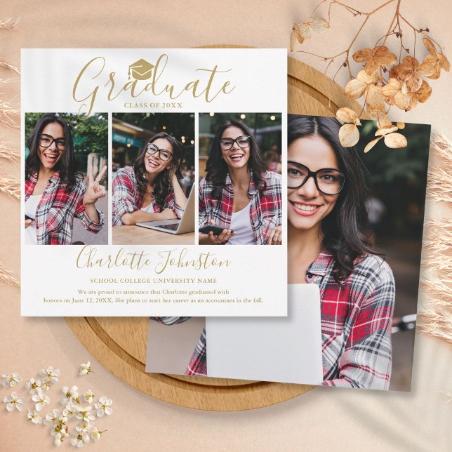 Elegant Guld Skript Student 4 Photo Studenten Meddelande (Elegant Gold Script Graduate 4 Photo Graduation Announcement)