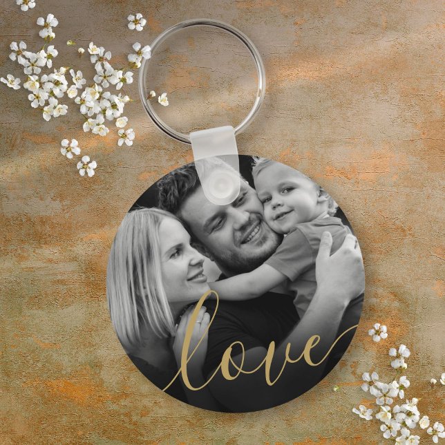 Elegant Guld Skript, svart och vitt foto med Kärle Nyckelring (Elegant Gold Script Love Black and White Photo Keychain)
