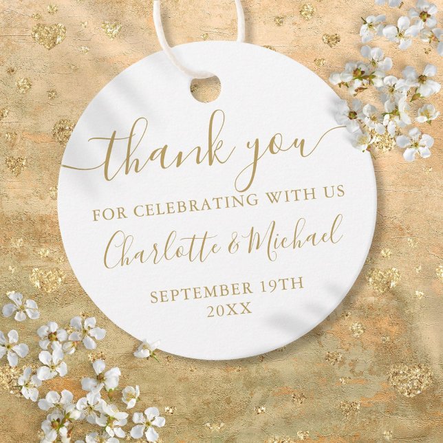 Elegant Guld-skript Tack Bröllop Gåvor Etiketter (Elegant Gold Script Thank You Wedding Favor Tags)