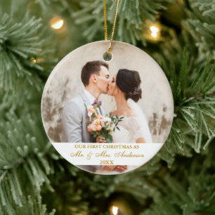 Elegant Guld skript vår första jul 2-foto Julgransprydnad Keramik