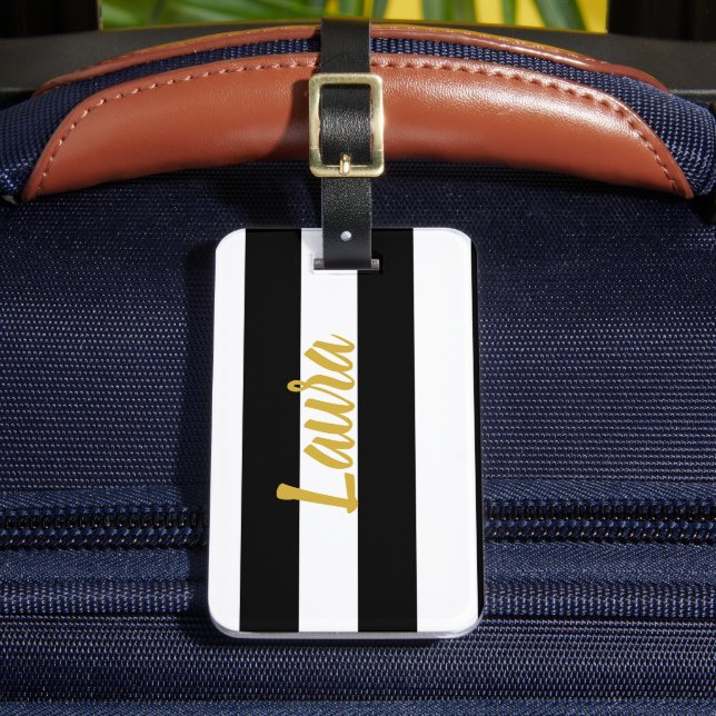 Elegant Guld Skriptet Namn Black and White Stripe Bagagebricka (Framsida Insitu 2)