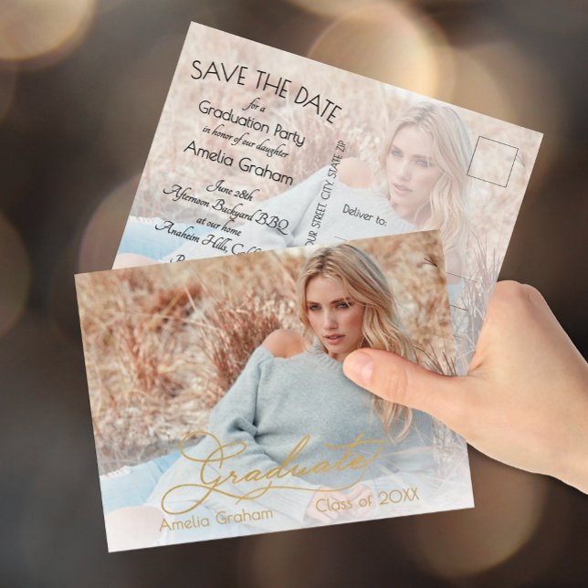 Elegant Guld Skriptfotot Studenten Spara datum Vykort (Gold script graduation Save the Date postcards feature  photos on both sides, your details on back)