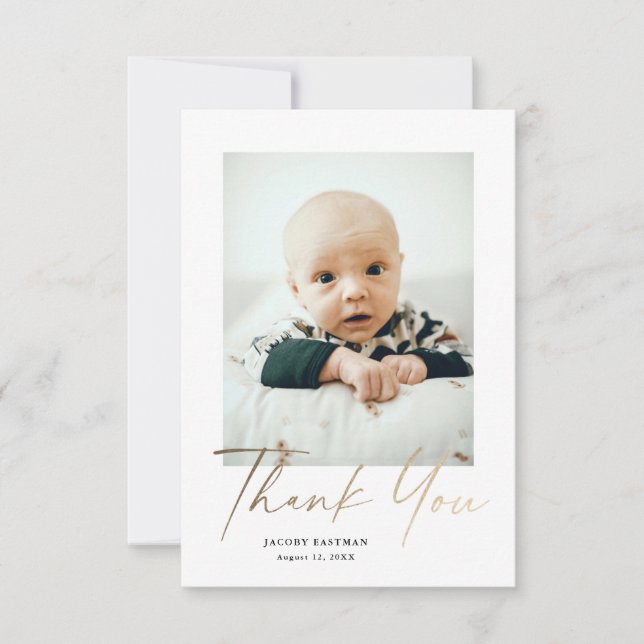 Elegant Guld Skriptpetite Baby Photo Tack Kort (Framsida)