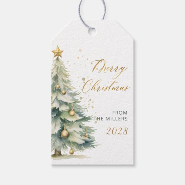 Elegant Guld Skriptvattenfärg Julgran Presentetikett (Framsidan)