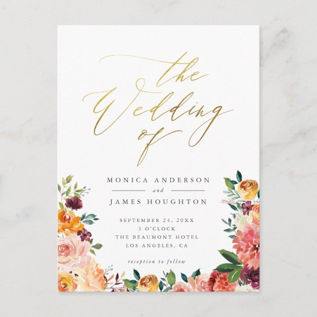 Elegant Guld Skriptvattenfärgens Blommigt Bröllop Inbjudan Vykort (Framsida)