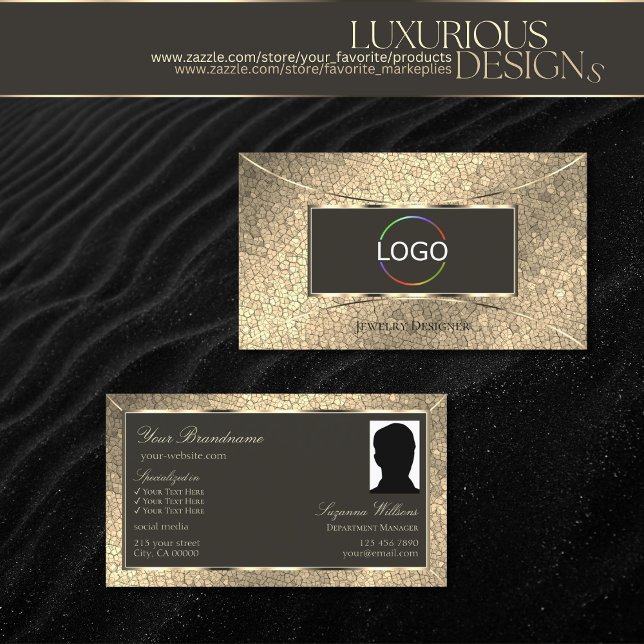 Elegant Guld Snake Mörk Brown med Logotyp och foto Visitkort (Skapare uppladdad)