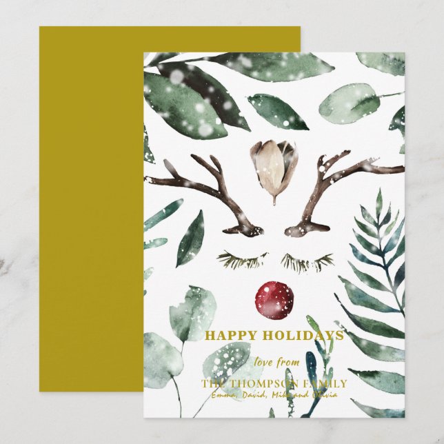 Elegant Guld Snö Overlay Watercolor Greenery Julkort (Fram/baksida)