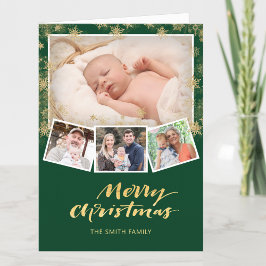 Elegant Guld Snöflingor Chic  Script Modern Grönt Helgkort