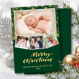 Elegant Guld Snöflingor Chic  Script Modern Grönt Julkort