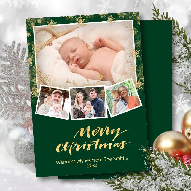 Elegant Guld Snöflingor Chic  Script Modern Grönt Julkort (Skapare uppladdad)