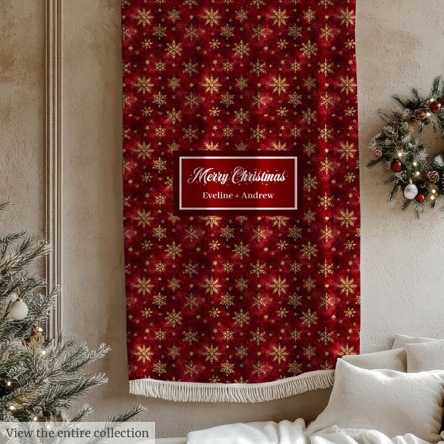 Elegant guld snöflingor djup vattenfärg fleecefilt (Elegant gold snowflakes deep red watercolor Fleece Blanket)