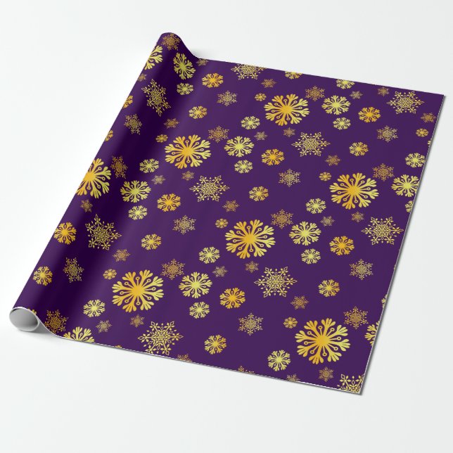 Elegant guld snöflingor mörk  lila Wrapping Papper Presentpapper (Utrullad)