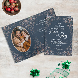 Elegant Guld Snöflingor Peace Joy Blue Photo Helgkort