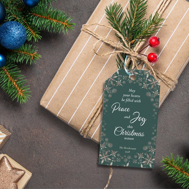 Elegant Guld Snöflingor Peace Joy Grönt Presentetikett (Skapare uppladdad)