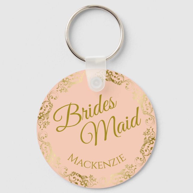 Elegant Guld Snöre om Peach Bridesmaid Bröllop Nyckelring (Framsida)