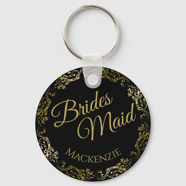 Elegant Guld Snöre om Svarta Bridesmaid Bröllop Nyckelring (Framsida)