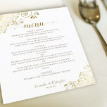 Elegant Guld Snöre om vitbudgeten Bröllop Menu om<br><div class="desc">Dessa vackra bröllop-menyer är enkla,  eleganter och snyggtar,  samtidigt som de fortfarande är budgetvänliga och prisvärda. De har en klassig och glamorös design med guldfaux foil snöre och manusgrafi på vit bakgrund. Baksidan är en vacker marmorerad guld färg.</div>