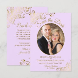Elegant Guld Snöre Oval Photo Lilac Lila Bröllop Spara Datumet
