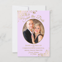 Elegant Guld Snöre Oval Photo Lilac Lila Bröllop Spara Datumet