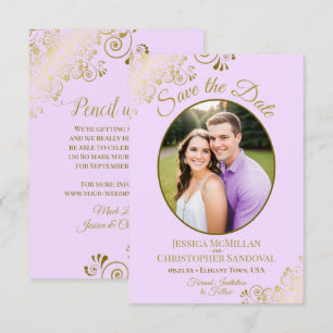 Elegant Guld Snöre Oval Photo Lilac Lila Bröllop Spara Datumet