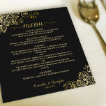 Elegant Guld Snöre på Bröllop-menyn i den svarta b<br><div class="desc">Dessa vackra bröllop-menyer är enkla,  eleganter och snyggtar,  samtidigt som de fortfarande är budgetvänliga och prisvärda. De har en klassig och glamorös design med guldfaux foil snöre och manusgrafi på svart bakgrund. Baksidan är en vacker marmorerad guld färg.</div>