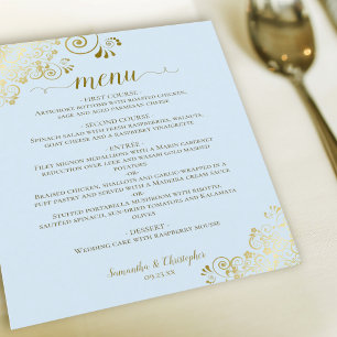 Elegant Guld Snöre Powder Blue Budget Bröllop Menu