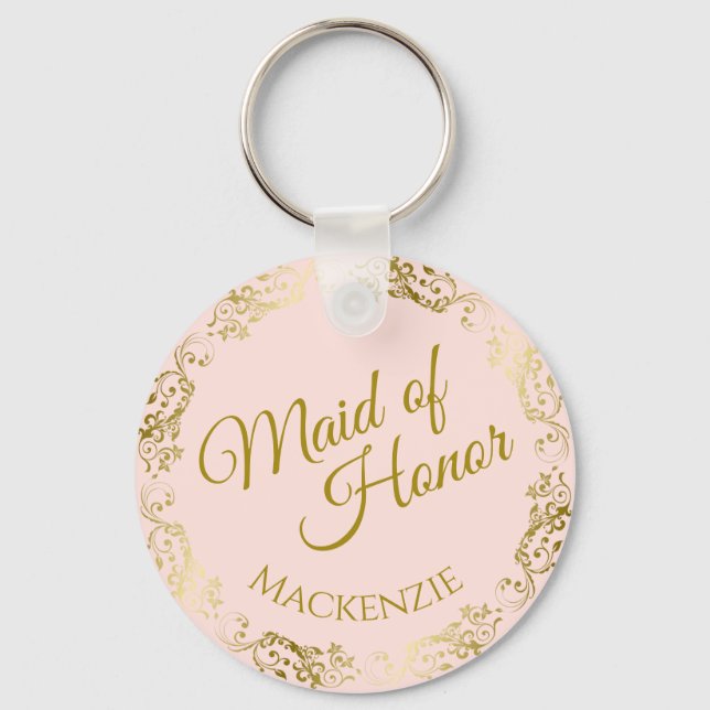 Elegant Guld Snöre vid Rosa Maid of honor Bröllop  Nyckelring (Framsida)
