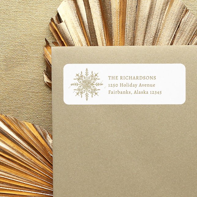 Elegant Guld Snowflake | Juldagen Returadress Etikett (An elegant Christmas return address label, with a festive gold snowflake)