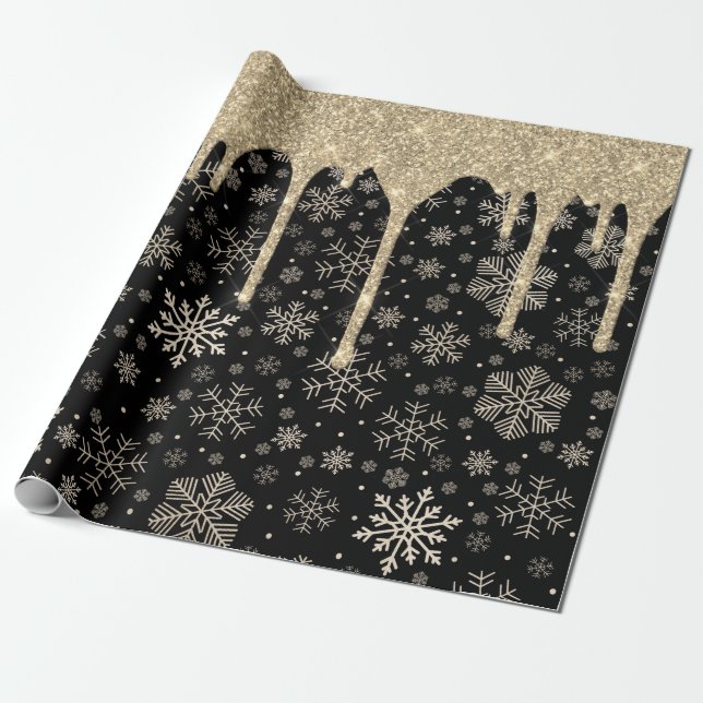 Elegant Guld Snowflake Mönster Dripping Glitter Presentpapper (Utrullad)