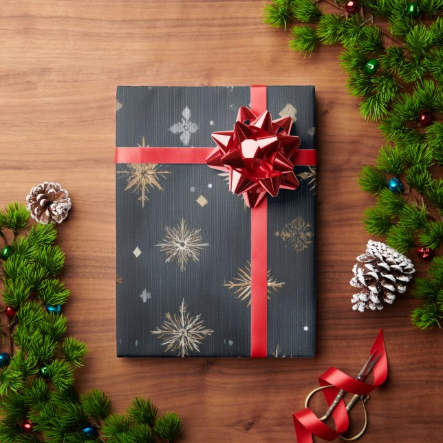Elegant Guld Snowflake Wrapping Papper | Mörk Holi Presentpapper (Julgåva)