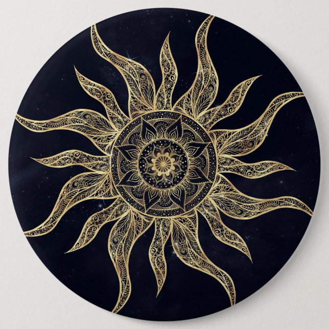 Elegant Guld Sol Mandala Blue Nebula Design Knapp (Framsida)