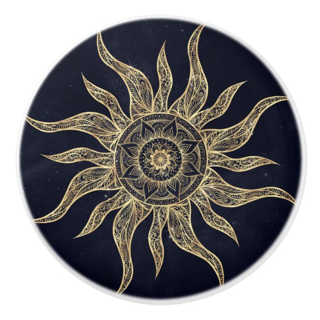 Elegant Guld Sol Mandala Blue Nebula Design Knopp (Framsidan)