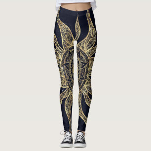 Elegant Guld Sol Mandala Blue Nebula Design Leggings