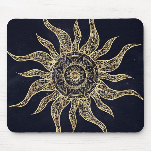 Elegant Guld Sol Mandala Blue Nebula Design Musmatta (Framsidan)