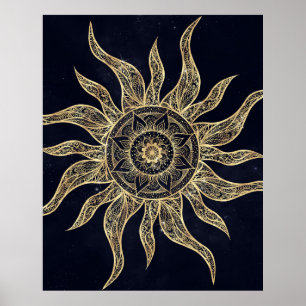 Elegant Guld Sol Mandala Blue Nebula Design Poster