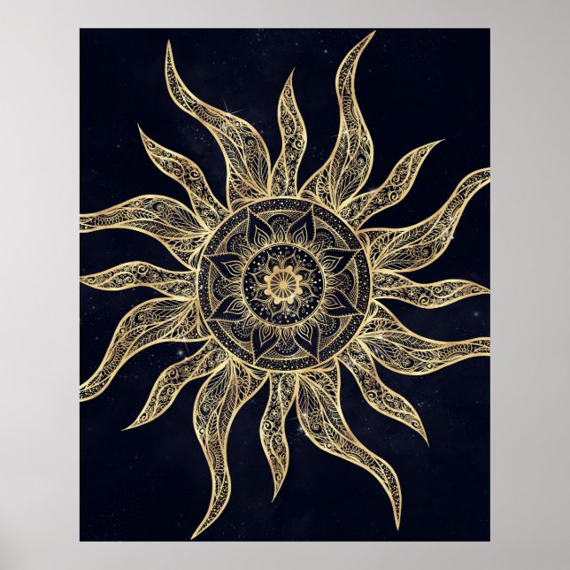 Elegant Guld Sol Mandala Blue Nebula Design Poster (Framsidan)