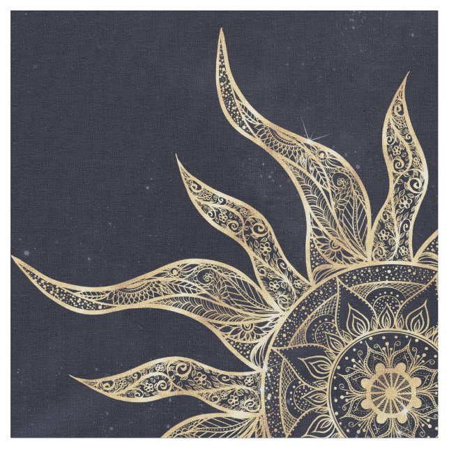 Elegant Guld Sol Mandala Blue Nebula Design Tyg (Närbild)