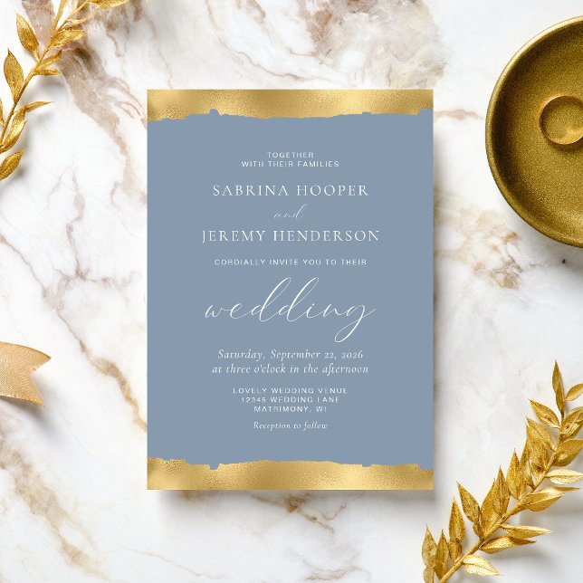 Elegant guld sönderriven kant dammig blå bröllop inbjudningar (Skapare uppladdad)