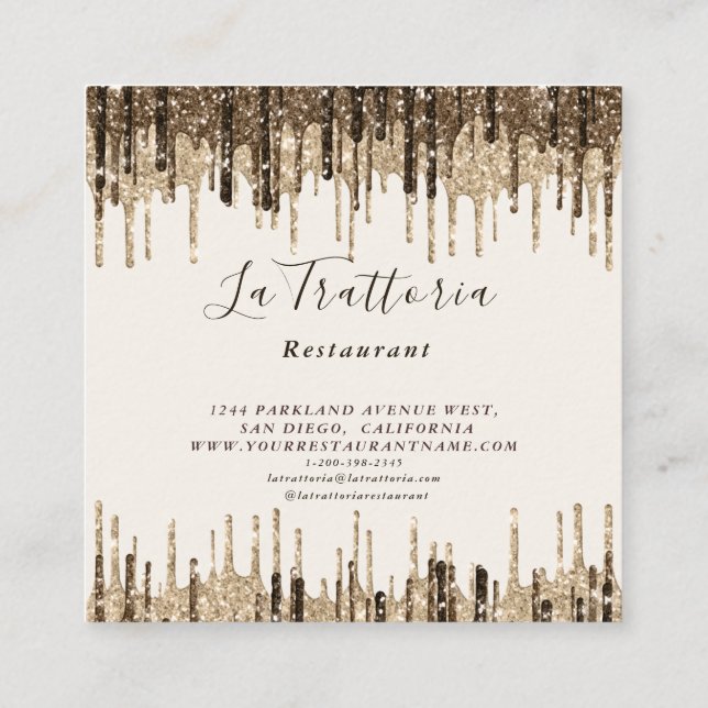 Elegant Guld Sparks Drips La Trattoria Restaurant Fyrkantigt Visitkort (Baksida)