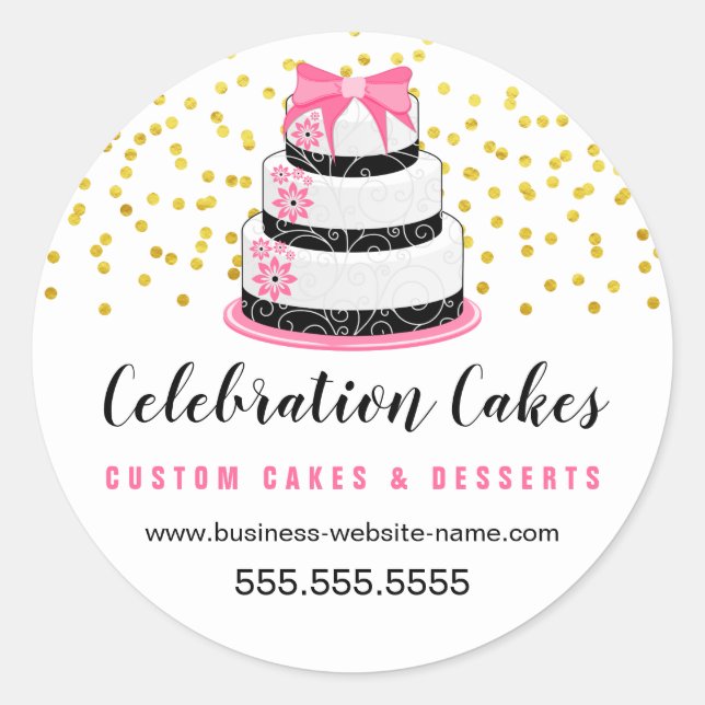 Elegant Guld Sprinkles Rosa Cake Runt Klistermärke (Framsida)